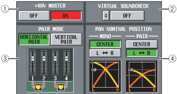 +48V MASTER OFF ON VIRTUAL SOUNDCHECK PAIR MODE HORIZONTAL PAIR VERTICAL PAIR PAN NOMINAL POSITION MONO PAIR CENTER L ↔ R CENTER L ↔ R 0dB 0dB L R L R