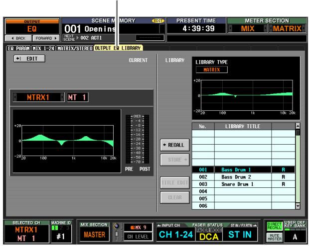 OUTPUT EQ SCENE M 001 Openins MORY GDR PRESENT TIME 4:39:39 METER SECTION MIX MATRIX E0 PARAM MIX 1-24 MATRIX/STEREO OUTPUT EQ LIBRARY EDIT CURRENT LIBRARY LIBRARY TYPE MATRIX NTRX1 MT 1 +20 0 -20 -20 -20 -20 -20 -20 PRE POST No. LIBRARY TITLE REBALL STORE 001 Bass Drum 1 R 002 Bass Drum 2 R 003 Snare Drum 1 R 004 005 006 TITLE EDIT CLEAR SELECTED CH MACHINE ID MIX SECTION INPUT CH FADER STATUS STIN/STARTD DIRECTOR UBER DEF MTRX1 MT 1 #1 MASTER CH LEVEL DCA ST IN KEY BANK HUTE METER A
