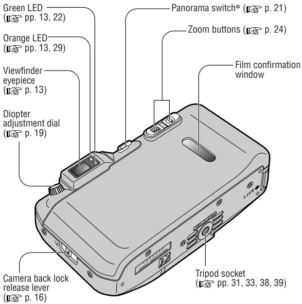 Green LED (pp. 13, 22) Orange LED (pp. 13, 29) Viewfinder eyepiece (p. 13) Diopter adjustment dial (p. 19) Panorama switch* (p. 21) Zoom buttons (p. 24) Film confirmation window Camera back lock release lever (p. 16) Tripod socket (pp. 31, 33, 38, 39)