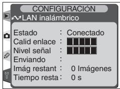 CONFIGURACIÓN LAN inalámbrico Estado : Conectado Calid enlace : Nivel señal : Enviando : Imág restant : 0 Imágenes Tiempo resta : 0 s