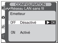 RÉSEAU LAN sans fil Emetteur OFF Désactivé ▶ OK ON Activé