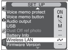 SET UP Voice memo protect ON Voice memo button Audio output USB M Dust Off ref photo -- Battery Info -- Wireless LAN Firmware Version --