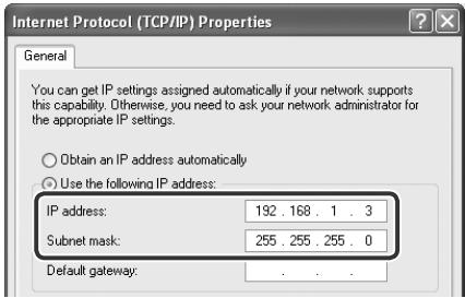 Internet Protocol (TCP/IP) Properties General You can get IP settings assigned automatically if your network supports this capability. Otherwise, you need to ask your network administrator for the appropriate IP settings. Obtain an IP address automatically Use the following IP address: IP address: 192 . 168 . 1 . 3 Subnet mask: 255 . 255 . 255 . 0 Default gateway: . . .