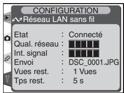 CONFIGURATION Réseau LAN sans fil Etat : Connecté Qual. réseau : Int. signal : Envol : DSC_0001.JPG Vues rest. : 1 Vues Tps rest. : 5 s