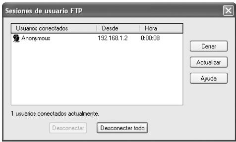 Sesiones de usuario FTP Usuarios conectados Desde Hora Anonymous 192.168.1.2 0:00:08 Cerrar Actualizar Ayuda 1 usuarios conectados actualmente. Desconectar Desconectar todo