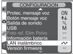 CONFIGURACIÓN Protec. mensaje voz ON Botón mensaje voz Salida de sonido USB M Foto ref. Elim Polvo -- Información batería -- LAN inalámbrico Version firmware --