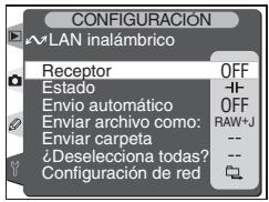 CONFIGURACIÓN LAN inalámbrico Receptor OFF Estado - Envío automático OFF Enviar archivo como: RAW+J Enviar carpeta -- ¿Deselecciona todas? -- Configuración de red