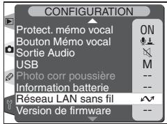 CONFIGURATION Protect. mémo vocal ON Bouton Mémo vocal Sortie Audio USB M Photo corr poussière -- Information batterie -- Réseau LAN sans fil Version de firmware --
