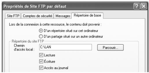Propriétés de Site FTP par défaut Site FTP Comptes de sécurité Messages Répertoire de base Lors de la connexion à cette ressource, le contenu doit provenir : ○ D'un répertoire situé sur cet ordinateur ○ D'un partage situé sur un autre ordinateur Répertoire du site FTP Chemin: C:\LAN Parcourir... d'accès local : Lecture Écriture Accès au journal
