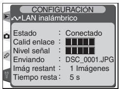 CONFIGURACIÓN WLAN inalámbrico Estado : Conectado Calid enlace : Nivel señal : Enviando : DSC_0001.JPG Imág restant : 1 Imágenes Tiempo resta : 5 s