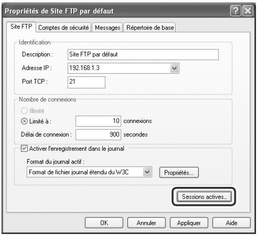 Propriétés de Site FTP par défaut Site FTP Comptes de sécurité Messages Répertoire de base Identification Description : Site FTP par défaut Adresse IP : 192.168.1.3 Port TCP : 21 Nombre de connexions ○ Ilimité ○ Limité à : 10 connexions Délai de connexion : 900 secondes ✓ Activer l'enregistrement dans le journal Format du journal actif : Format de fichier journal étendu du W3C Propriétés... Sessions actives... OK Annuler Appliquer Aide