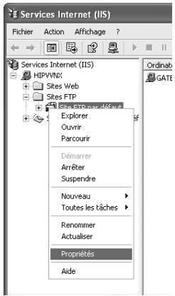 Services Internet (IIS) Fichier Action Affichage ? Services Internet (IIS) HIP/WNX Sites Web Sites FTP Explorer Ouvrir Parcourir Démarrer Arrêter Suspendre Nouveau Toutes les tâches Renommmer Actualiser Propriétés Aide