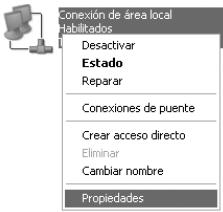 Conexión de área local habilitados Desactivar Estado Reparar Conexiones de puente Crear acceso directo Eliminar Cambiar nombre Propiedades