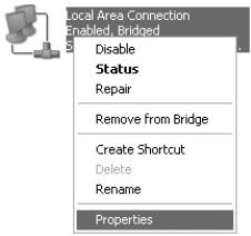 Local Area Connection Enabled, Bridged Disable Status Repair Remove from Bridge Create Shortcut Delete Rename Properties