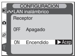 CONFIGURACIÓN WLAN inalámbrico Receptor OFF Apagado ON Encendido Acep