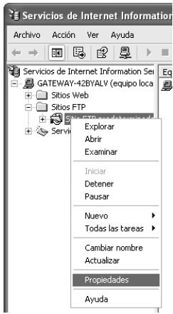 Servicios de Internet Information GATEWAY-42BYALV (equipo loca) Sitos Web Sitos FTP Explorar Abrir Examinar Iniciar Detener Pausar Nuevo Todas las tareas Cambiar nombre Actualizar Propiedades Ayuda