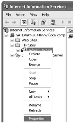 Internet Information Services File Action View Help Internet Information Services GATEWAY-ZC4HN9W (local comp Web Sites FTP Sites Explore Open Browse Start Stop Pause New All Tasks Rename Refresh Properties