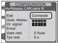 CONFIGURATION Réseau LAN sans fil Etat : Connecté Qual. réseau : Int. signal : Envoi : Vues rest. : 0 Vues Tps rest. : 0 s