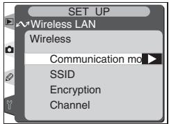 SET UP Wireless LAN Wireless Communication mode SSID Encryption Channel