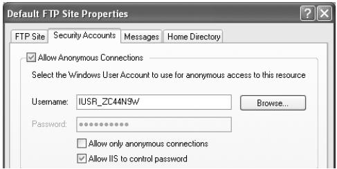 Default FTP Site Properties FTP Site Security Accounts Messages Home Directory ✓ Allow Anonymous Connections Select the Windows User Account to use for anonymous access to this resource Username: IUSR_ZC44N9W Browse... Password: ********** ✓ Allow only anonymous connections ✓ Allow IIS to control password