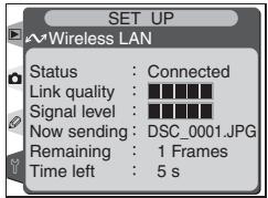 SET UP ~Wireless LAN Status : Connected Link quality : Signal level : Now sending : DSC_0001.JPG Remaining : 1 Frames Time left : 5 s