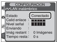 CONFIGURACIÓN WLAN inalámbrico Estado : Conectado Calid enlace : Nivel señal : Enviando : Imág restant : 0 Imágenes Tiempo resta : 0 s