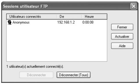 Sessions utilisateur FTP Utilisateurs connectés De Heure Anonymous 192.168.1.2 0:00:08 Fermer Actualiser Aide 1 utilisateur(s) actuellement connecté(s). Déconnecter Déconnecter (Tous)