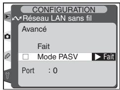 CONFIGURATION Réseau LAN sans fil Avancé Fait □ Mode PASV ▶ Fail Port : 0