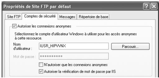 Propriétés de Site FTP par défaut Site FTP Comptes de sécurité Messages Répertoire de base ✓ Autoriser les connexions anonymes Sélectionnez le compte d'utilisateur Windows à utiliser pour les accès anonymes à cette ressource. Nom : IUSR_HIP/VNX Parcourir... d'utilisateur : Mot de passe : N'autoriser que les connexions anonymes ✓ Autoriser la vérification de mot de passe par IIS
