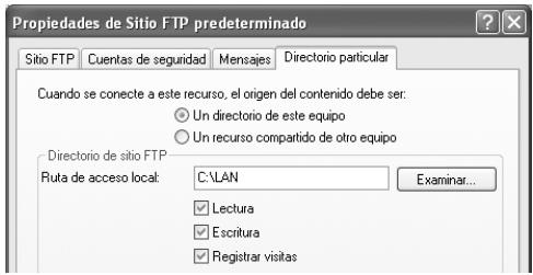 Propiedades de Sitio FTP predeterminado Sitio FTP Cuentas de seguridad Mensajes Directorio particular Cuando se conecte a este recurso, el origen del contenido debe ser: ○ Un directorio de este equipo ○ Un recurso compartido de otro equipo Directorio de sitio FTP Ruta de acceso local:C:\LAN Examinar... ✓ Lectura ✓ Escritura ✓ Registrar visitas