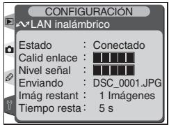 CONFIGURACIÓN WLAN inalámbrico Estado : Conectado Calid enlace : 100% Nivel señal : 100% Enviando : DSC_0001.JPG Imág restant : 1 Imágenes Tiempo resta : 5 s