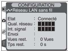 CONFIGURATION Réseau LAN sans fil Etat : Connecté Qual. réseau : Int. signal : Envoi : Vues rest. : 0 Vues Tps rest. : 0 s