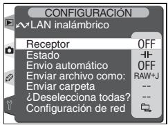 CONFIGURACIÓN LAN inalámbrico Receptor OFF Estado - Envío automático OFF Enviar archivo como: RAW+J Enviar carpeta -- ¿Deselecciona todas? -- Configuración de red
