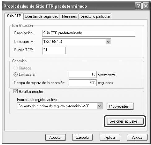 Propiedades de Sitio FTP predeterminado Sitio FTP Cuentas de seguridad Mensajes Directorio particular Identificación Descripción: Sitio FTP predeterminado Dirección IP: 192.168.1.3 Puerto TCP: 21 Conexión Limitada a: 10 conexiones Tiempo de espera de la conexión: 900 segundos Habilitar registro Formato de registro activo: Formato de archivo de registro extendido W3C Propiedades... Sesiones actuales... Aceptar Cancelar Aplicar Ayuda