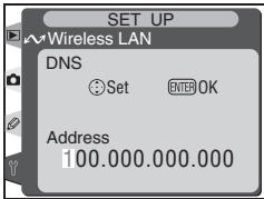 SET UP Wireless LAN DNS Set ENTER OK Address 100.000.000.000