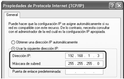 Propiedades de Protocolo Internet (TCP/IP) General Puede hacer que la configuración IP se asigne automáticamente si su red es compatible con este recurso. De lo contrario, necesita consultar con el administrador de la red cuál es la configuración IP apropiada. Obtener una dirección IP automáticamente Usar la siguiente dirección IP: Dirección IP: 192 . 168 . 1 . 3 Máscara de subred: 255 . 255 . 255 . 0 Puerta de enlace predeterminada: . . .