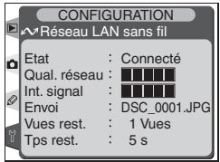 RÉSEAU LAN sans fil Etat : Connecté Qual. réseau : Int. signal : Envoi : DSC_0001.JPG Vues rest. : 1 Vues Tps rest. : 5 s
