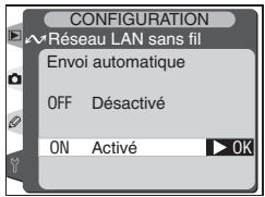 CONFIGURATION Réseau LAN sans fil Envoi automatique OFF Désactivé ON Activé OK