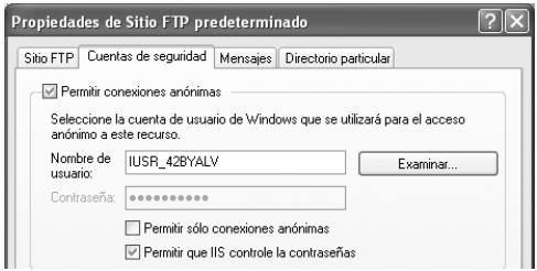 Propiedades de Sitio FTP predeterminado Sitio FTP Cuentas de seguridad Mensajes Directorio particular ✓ Permitir conexiones anónimas Seleccione la cuenta de usuario de Windows que se utilizará para el acceso anónimo a este recurso. Nombre de usuario: IUSR_42BYALV Examinar... Contraseña: ••••••••••• □ Permitir sólo conexiones anónimas ✓ Permitir que IIS controle la contraseñas