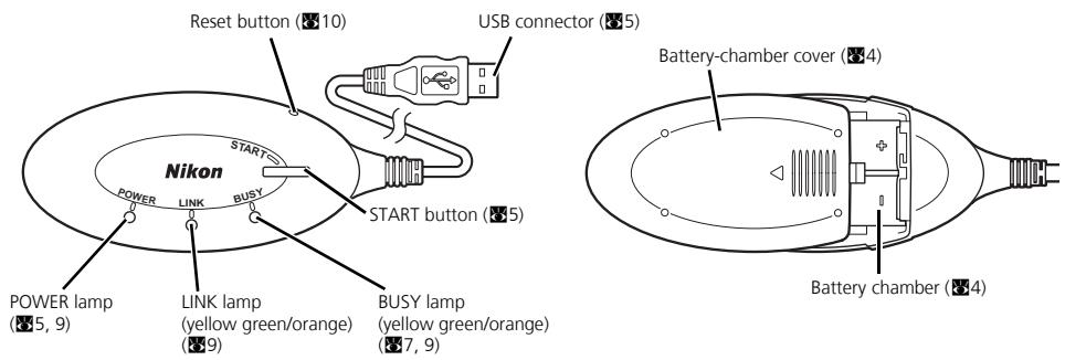 Reset button (10) USB connector (5) Nikon START POWER LINK BUSY START button (5) POWER lamp (5, 9) LINK lamp (yellow green/orange) (8, 9) BUSY lamp (yellow green/orange) (7, 9) Battery-chamber cover (4) Battery chamber (4)