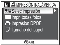 IMPRESIÓN INALÁMBRICA Select impresión Impr. todas fotos Impresión DPOF Tamaño del papel ©Ajus