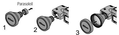 NIKON TELECONVERTISSEUR TC-E2 - Installation (l'illustration montre le COOLPIX 990) - 1