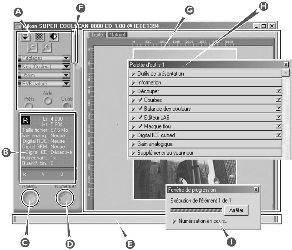 Nikon SUPER COOL/CAN 8000 ED 1.00 @ IEEE1394 Traité Naturel Réglages Nég (Couleur) 35mm RVB calibré Prés Aide Outils R Lr: 4 000 Ht: 5 904 Taille fichier: 67,6 Mo Gain analog: Neutre Digital ROC: Neutre Digital GEM: Neutre Digital ICE: Désactivé Multi-échant: 1x Quantif. bin: 8 R V B Apercu Numeriser Palette d'outils 1 ▶ Outils de présentation ▶ Information ▶ Découper ▶ √ Courbes ▶ √ Balance des couleurs ▶ √ Editeur LAB ▶ √ Masque flou ▶ Digital ICE cubed ▶ Gain analogique ▶ Suppléments au scanneur C D E I Fenêtre de progression Exécution de l'élément 1 de 1 Arrêter ▶ Numérisation en cours...