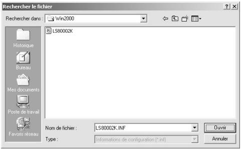 Rechercher le fichier Win2000 Historique Bureau Mes documents Poste de travail Favoir réseau LS80002K Nom de fichier : LS80002K.INF Type : informations de configuration (*inf) Ouvir Annulet