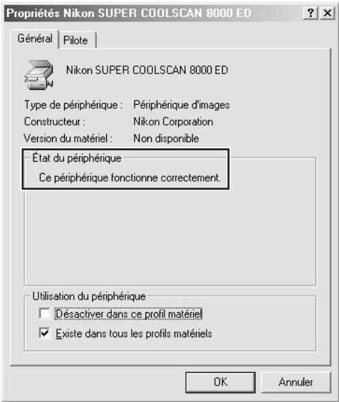 Propriétés Nikon SUPER COOLSCAN 8000 ED Général | Pilot | Nikon SUPER COOLSCAN 8000 ED Type de périphérique : Périphérique d'images Constructeur : Nikon Corporation Version du matériel : Non disponible État du périphérique Ce périphérique fonctionne correctement. Utilisation du périphérique Désactiver dans ce profil matériel Existe dans tous les profils matériels OK Annuler