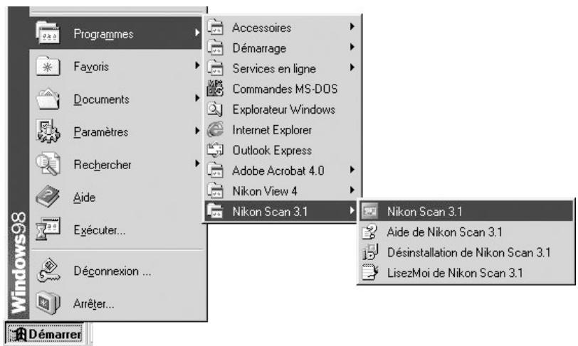 Programmes Fayoris Documents Paramètres Rechercher Aide Exécuter... Déconnexion ... Arrêter... Accessoires Démarrage Services en ligne Commandes MS-DOS Explorateur Windows Internet Explorer Outlook Express Adobe Acrobat 4.0 Nikon View 4 Nikon Scan 3.1 Nikon Scan 3.1 Aide de Nikon Scan 3.1 Désinstallation de Nikon Scan 3.1 LisezMoi de Nikon Scan 3.1 Windows98 Démarrer
