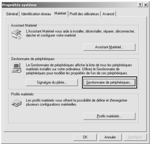 Propriétés système Général | Identification réseau | Matériel | Profil des utilisateurs | Avancé | Assistant Matériel L'Assistant Matériel vous aide à installer, désinstaller, réparer, déconnecter, éjecter et configurer votre matériel. Assistant Matériel... Gestionnaire de périphériques Le Gestionnaire de périphériques affiche la liste de tous les périphériques matériels installés sur votre ordinateur. Utilisez le Gestionnaire de périphériques pour modifier les propriétés de l'un de ces périphériques. Signature du pilote... Gestionnaire de périphériques... Profits matériels Les profils matériels vous offrent la possibilité de définir et d'enregistrer plusieurs configurations matérielles. Profils matériels... OK Annuler Appliquer