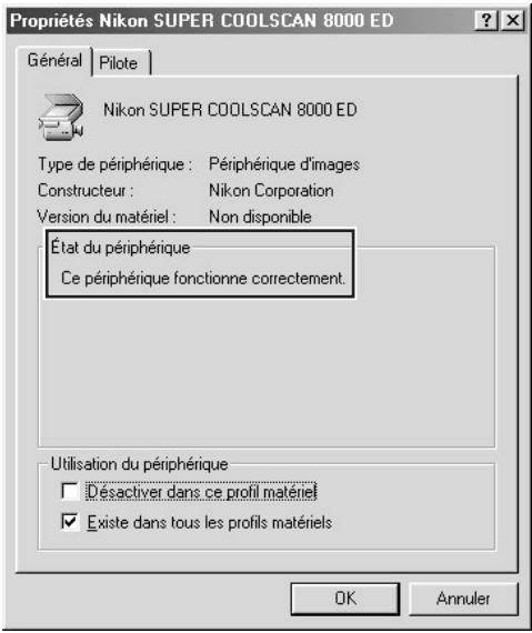 Propriétés Nikon SUPER COOLSCAN 8000 ED Général | Pilot | Nikon SUPER COOLSCAN 8000 ED Type de périphérique : Périphérique d'images Constructeur : Nikon Corporation Version du matériel : Non disponible État du périphérique Ce périphérique fonctionne correctement. Utilisation du périphérique Désactiver dans ce profil matériel Existe dans tous les profils matériels OK Annuler
