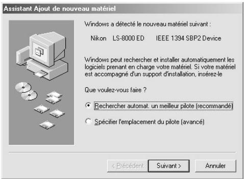 Assistant Ajout de nouveau matériel Windows a détecté le nouveau matériel suivant : Nikon LS-8000 ED IEEE 1394 SBP2 Device Windows peut rechercher et installer automatiquement les logiciels prenant en charge votre matériel. Si votre matériel est accompagné d'un support d'installation, insérez-le Que voulez-vous faire ? ● Rechercher automat. un meilleur pilote (recommandé) ○ Spécifier l'emplacement du pilote (avancé) < Précédent Suivant > Annuler
