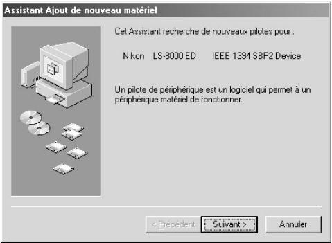 Assistant Ajout de nouveau matériel Cet Assistant recherche de nouveaux pilotes pour : Nikon LS-8000 ED IEEE 1394 SBP2 Device Un pilote de périphérique est un logiciel qui permet à un périphérique matériel de fonctionner. Annuler